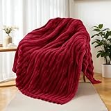 Exclusivo Mezcla Fleece Throw Blanket for Couch, Super Soft Striped Jacquard Bed Blanket, Lightweight Fuzzy Cozy for All Seasons, 50x60 Inches, Deep Red