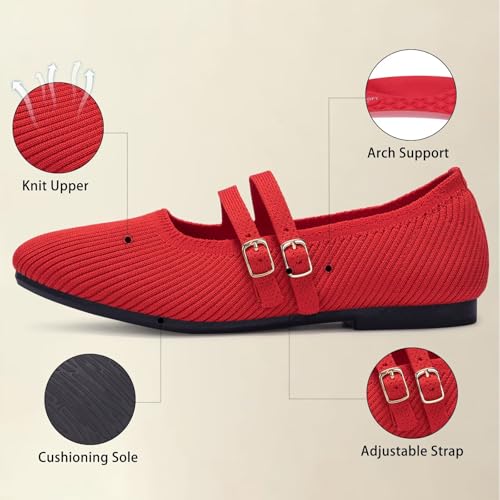 Image of Frank Mully Women's Flats Square Toe Mary Jane Shoes Ballet Flats with Strap Comfortable Slip On Knit Shoes Dressy Casual
