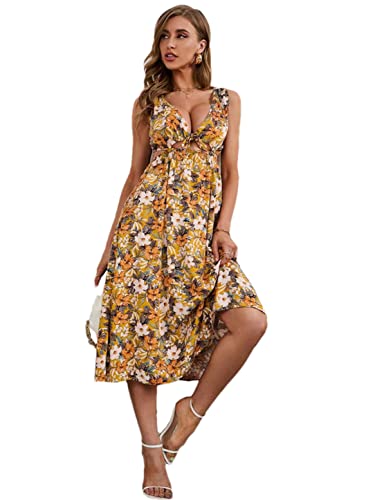 Robe longue bohème jaune en XL avec col en V sans manches