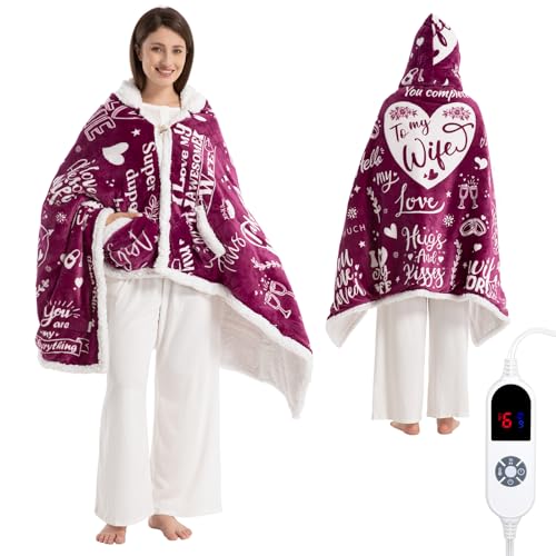 Wearable Heated Blanket Hoodie for Women, Valentines Day Gifts for Her Wife Women, Electric Throw Blanket, Heated Shawl Wraps Poncho, Mothers Day Birthday Anniversary Day Gift, To My Wife, Magenta