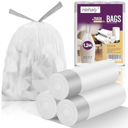 Image of Small Trash Bags with Drawstrings - 60 Counts 1.2 Gallon Garbage Bags Unscented Clear White Bulk Strong Thick Mini Plastic Wastebasket Liners for Toilet Home Bathroom Office Heihaily