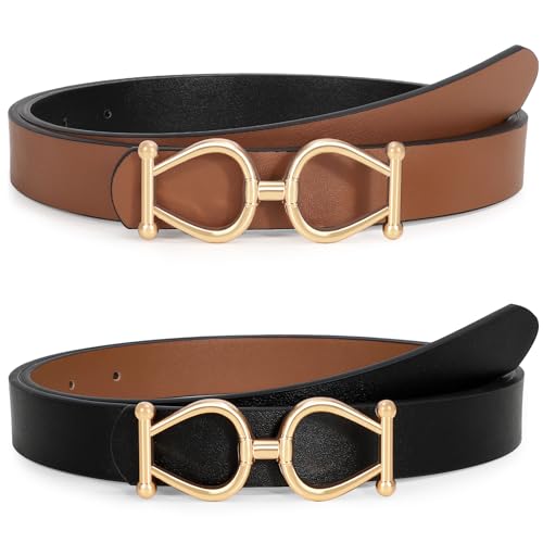 WERFORU Women Reversible Leather Belt for Jeans Pants, Two-in-One Ladies Gold Buckle Black and Brown Leather Belt