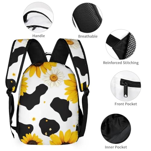 Travel Bookbag Set with Lunch Bags and Cosmetic Bag 80s Vintage Sunflower Cow Print Backpack with Lunch Box Storage Bag Backpack Bookbag Set3