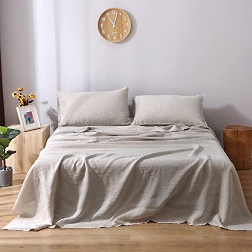 S VICTORY SYMBOL 100% French Linen Bed Sheets Stone Washed Flax 4PCS Sheets Set(1 Flat Sheet+1 Fitted Sheet+2 Pillow Cases Breathable and Durable (King,Natural Linen)