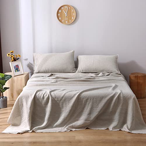 S Victory Symbol 100% French Linen Bed Sheets Stone Washed Flax 4Pcs Sheets Set(1 Flat Sheet+1 Fitted Sheet+2 Pillow Cases Breathable And Durable (King,Natural Linen) #TOP9