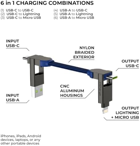 Rolling Square inCharge X - brelok z kablem USB typu c, uniwersalny kabel komórkowy, dla mężczyzn, uniwersalna ładowarka komórkowa 6 w 1, gadżet techniczny, niebieski, kabel Lightning 100 W