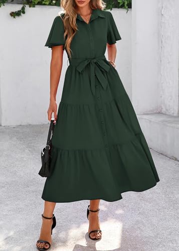 Image of KIRUNDO Summer Button Down Wedding Guest Shirt Dresses for Women Maxi Flutter Short Sleeve Flowy Tiered Beach Sun Dress