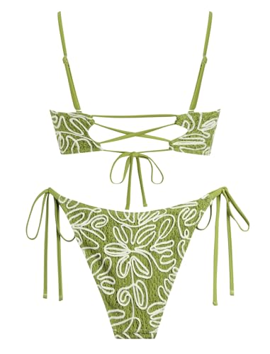 Image of ZAFUL Women Strapless Textured Bandeau Bikini 2 Piece Swimwear Cheeky Solid Lace up Bathing Suits