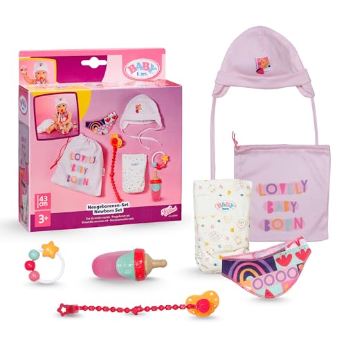 Baby Born Set Recién Nacido   Incluye Gorro, biberón, pañal, sonajero, Babero, Chupete & Cadena para Chupete   Compatible con Todas Las muñecas de 43 cm   Accesorio de muñeca
