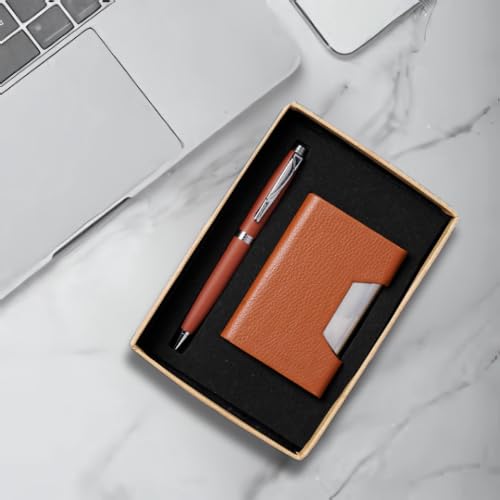 Image of 2-in-1 Card Holder and Metal Pen Gift Set, Black Leather Steel Business Card Case, Corporate Gift Set (Tan)