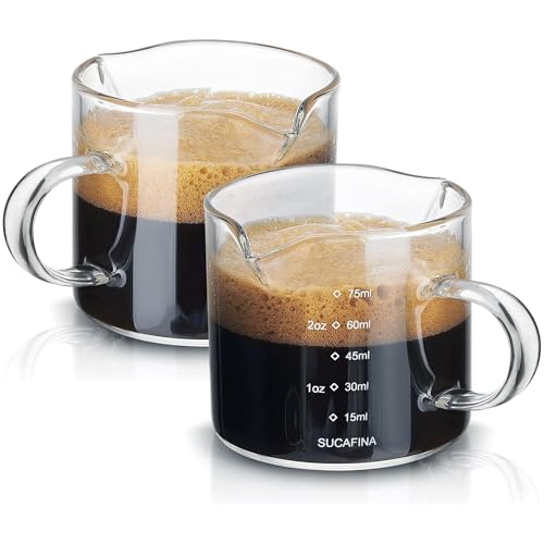 Comparison: Best Espresso Shot Glasses 11 FUNGLIJIE Espresso Cups Set of 2, 75ML Espresso Shot Glass with Handle Double Spout Cups Clear Glass Measuring Cup Coffee Accessories Great for Making Coffee Desserts Salad Dressing