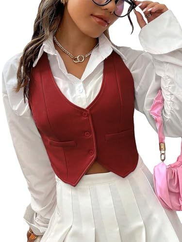 SweatyRocks Women's Solid Button Front Crop Waistcoat V Neck Sleeveless Blazers Burgundy M