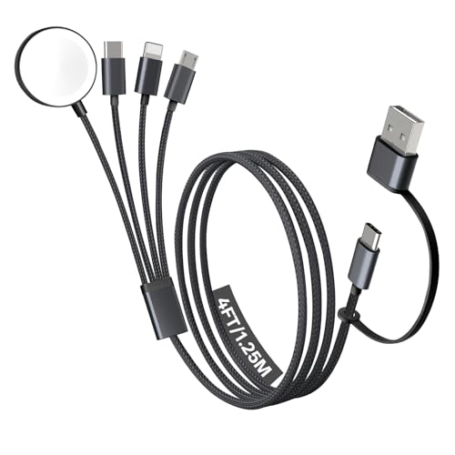 Travel Essentials, 4 in 2 Multi Charging Cable for Apple Watch Charger/iPhone Charger,USB C Cable Cord for iPhone 17-11/iWatch Ultra/10-2/Galaxy S25-S20, Android Phones, Kindle, MP3-Black,4FT