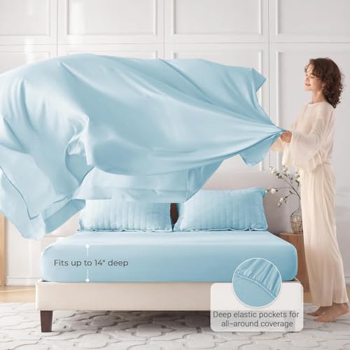 Image of MUXHOMO 7 Pieces King Comforter Set, Seersucker Bed in a Bag King Size, All Season Luxury Bedding Set with Comforter, Flat Sheet, Fitted Sheet, Pillowcases & Shams, Lake Blue