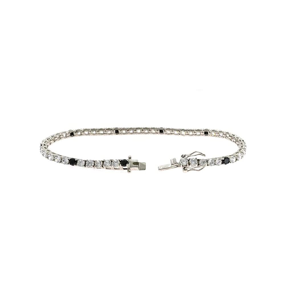 Remo Gammella Bracciale Tennis Uomo Donna in Argento 925 bagnato in Oro Bianco e Zirconi da 2 mm Bianchi e Neri. Lunghezza 17 cm