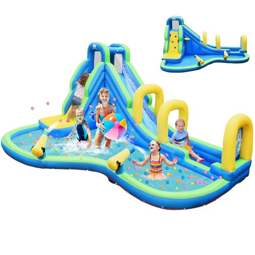 HONEY JOY Inflatable Water Slide, 5 in 1 Water Park Castle Bouncy House w/Water Cannons, Long Slide w/Arch, Indoor Outdoor Blow Up Waterslide Inflatables for Kids and Adults Backyard(Without Blower)