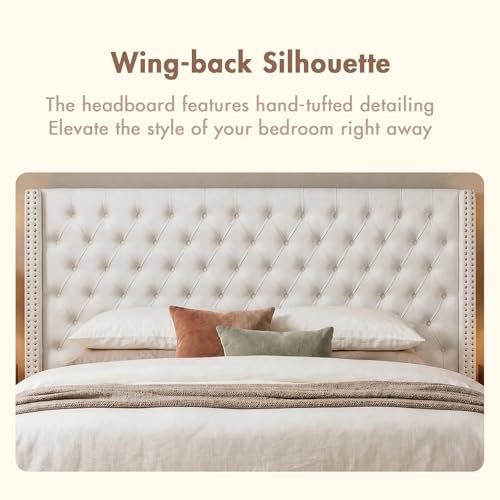Image of Madison Park Queen Wingback Upholstered Tufted Headboard, Featuring High-Density Sponge Padding, Adjustable Height Headboard, Easy Assembly, Beige Velvet