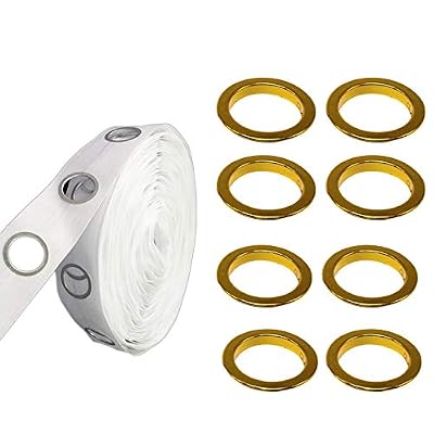 Weddecor Bianco Tendine Nastro Con 40mm Plastica Occhielli Negozio di Stoffe Slide Anelli Per Camera,Porte Windows, & Borsa Zaino Foro - Dorato, 1 Metre Tape + 8pcs Eyelets