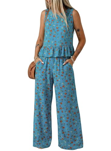 Image of Dokotoo Womens 2 Piece Outfits Tank Tops Elastic Waist Wide Leg Pants Sets | Sleeveless,Wide Leg,Loungewear Set,Cruise Travel Outfits,Beach Vacation Clothes,With Pocket
