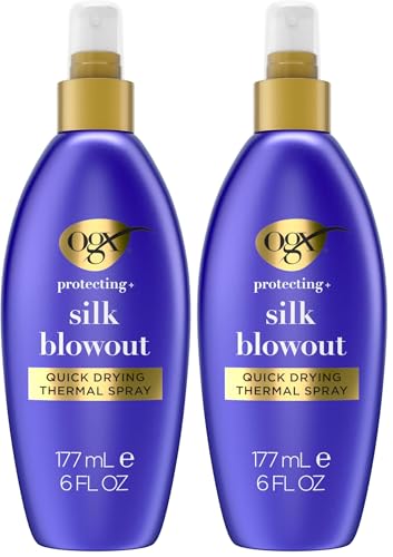 Image of OGX Protecting + Silk Blowout Quick Drying Thermal Protection Spray,Heat Protectant Spray Shields Hair up to 450F For Soft,Shiny Hair and Big,Beautiful Blowouts,Light Hold,6 fl. oz,(Pack of 2)