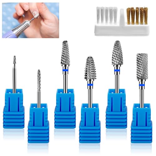 6 Piezas Fresas Torno para Uñas, Brocas de Carburo de Tungsteno, 1 Cepillo, 3/32 Pulgadas Brocas para Torno de Uñas para Eliminación de Gel Acrílico Cutícula (StilC)