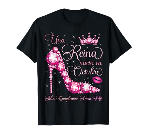 A Queen Was Born In October In Spanish Camiseta de Cumpleaños para Mujer, T-Shirt de Manga Larga, Negro y Rosa, Talla S
