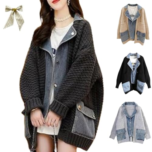 Dearlassie Denim Cardigan with Pockets,Oversized Lapels Splicing Loose Jean Sweaters Cardigan,Fashion Contrast Button Jacket - Main Image