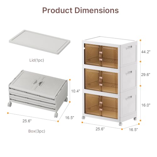 Image of UAMFURI Stackable Storage Bins with Lids, 360QT Closet Organizers, Lockable Storage Cabinet,Foldable Storage Box with Doors and Wheels, Plastic Drawers for Home, Garage, Office (3, White, Large)