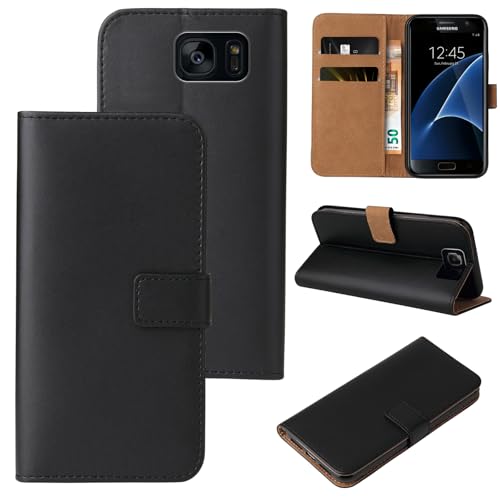 LBH Handyhülle für Samsung Galaxy S7 mit Karten- und Geldfach Smartphone Hülle mit Standfunktion Flip Case Wallet Schutzhülle Magnetverschluss Schwarz