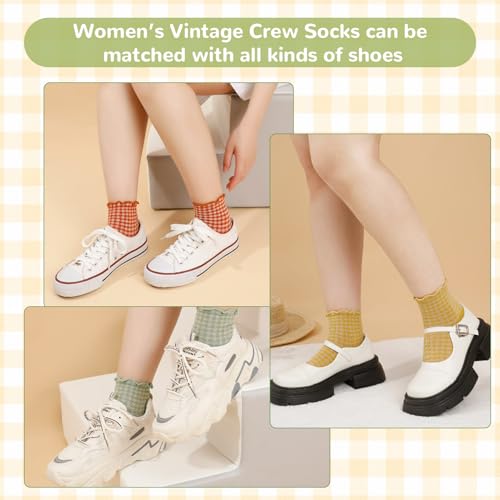 Image of 6 Pairs Cute Ruffle Socks for Women, Vintage Striped Frilly Sock Cute Checkered Ankle Socks for Women Cotton Knit Casual Crew Socks Size 5-9