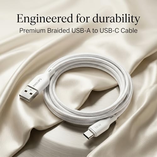 Image of PHILIPS DLC4130AW /94 18W Type-A to Type-C Fast Charging Cable (1m, Bright White) | Nylon Braided | Compatible with iPhone 15+ Series, USB-C iPad Models, Samsung Galaxy & All Type C Devices