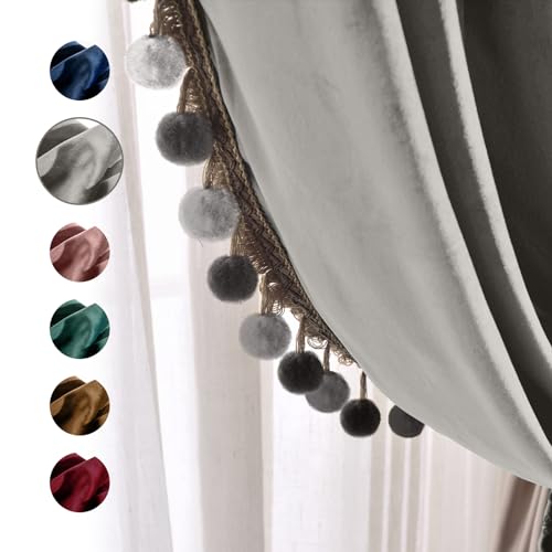 Image of Melodieux Pom Poms Velvet Curtains Extra Wide for Patio Doors, Vintage Luxury Bedroom Living Room Thermal Insulated Rod Pocket Window Drapes, 100 inch W x 84 inch L, Gray (2 Panels)