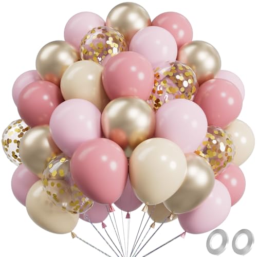 Image of Metallic Pink and Gold Balloons 12 Inch 67PCS Sand White Champagne Confetti Latex Helium Balloons Set for Anniversary Wedding Birthday Party Decorations
