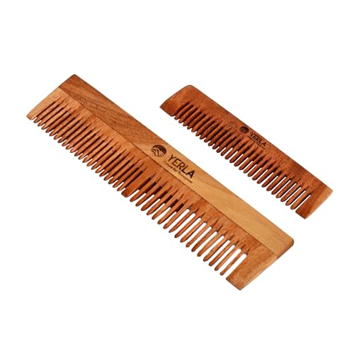 Image of YERLA Handmade Kacchi Neem Wooden Comb Set for Women & Men | Herbal Hair Growth Comb Infused with 17 Herbs & 4 Natural Oils | Anti-Dandruff, Frizz Control & Shine | Multi-Size Wooden Comb Combo (Pack of 2)