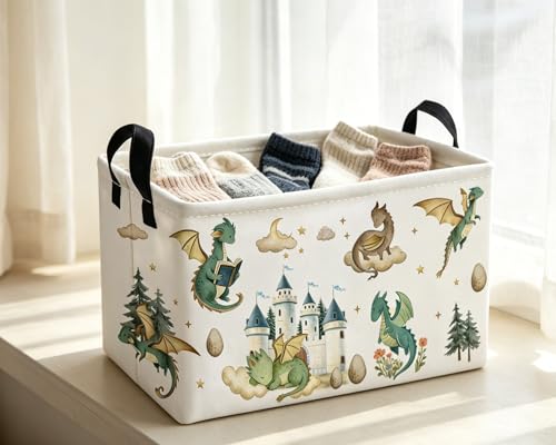 Image of Essme Rectangular Kids Baskets,Dinosaur Storage Box,Cute Basket for Kids with Handles for Room Decor, Book Bins,Shelf Basket.(Castle Dinosaurs