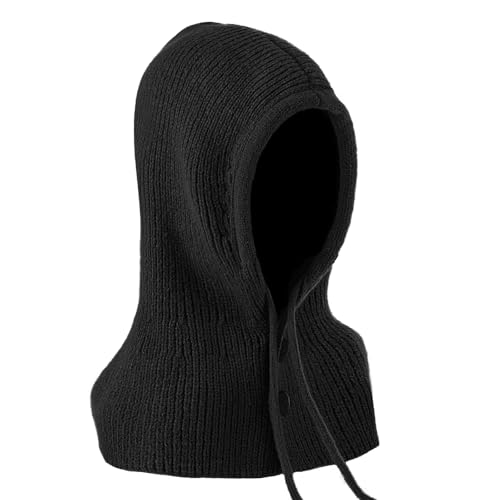 Balaclava Hat for Women, Warm Ear Neck Hooded Scarf Hat with Drawstring, Fashionable Knit Beanie Skull Cap in Cold Weather Outdoors, Black