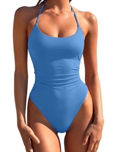 Image of LASLULU Womens One Piece Swimsuits Halter Bathing Suit | Ruched Tummy Control,Cute and Sexy Swimwear,High Cut Cheeky Backless Full Coverage,Swim Suits for Women 2026
