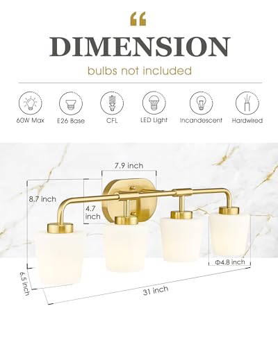 Image of Bathroom Light Fixtures Over Mirror, 4-Light Brushed Gold Vanity Lighting Fixtures with Milk White Glass, Farmhouse Champagne Bronze Wall Sconces Lighting, AD-22004-4W-GD