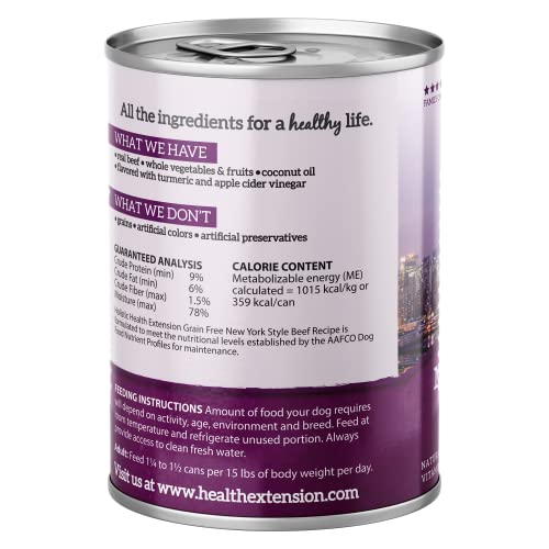 Health Extension Dog Food, New York Style Beef Recipe - 12.5 oz, Grain Free, Added Vitamins and Minerals, for All Life Stages, Vet Formulated, Improve Gut Health, Immune Support (Case of 12 Cans) - Thumbnail 2