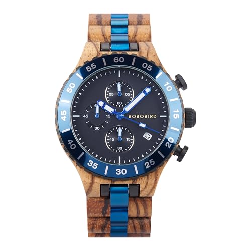 BOBO BIRD Men's Wooden Watch Chronograph Quartz Watch with Date Display, 43mm Large Dial, Luminous Hands, Natural Wood & Stainless Steel Wristwatch – Gift for Him (Blue -Zebrawood)