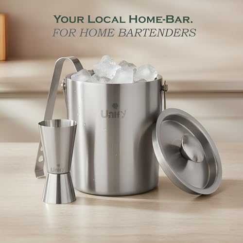 Image of Unify 3 Pieces Stainless Steel Double Wall Ice Bucket Set (1 Litre) with Lid, Ice Tongs & 30 /60 ml Peg Measurer | Insulated Ice Bucket for Home Bar, Parties & Cocktails, Bar Accessories