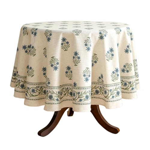 ISAENNE Designer French Linen Round Tablecloth,Diameter 67"-Mosella F