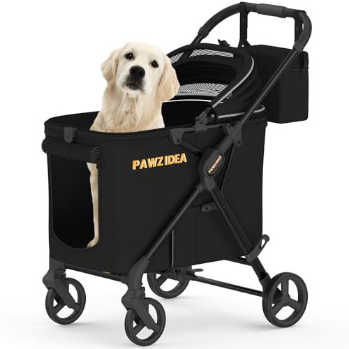 PAWZIDEA Dog Stroller for Large Dogs Up to 80 lbs, No-Zip 180° Reversible Canopy, One-Hand Foldable Pet Stroller for 2 Medium Dogs, Heavy Duty & Low-Entry, All-Terrain Jogger Wheels, Storage Organizer
