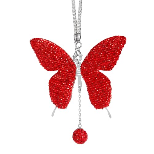 Breloques de Voiture Papillon, Mignon Charme de Miroir de Voiture Accessoires de Suspension de Miroir de Voiture en Strass Décor de Rétroviseur de Voiture pour Femmes Hommes (Rouge)