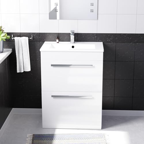 Nes Home White 600mm Floorstanding 2 Drawer Vanity Slim Basin Unit