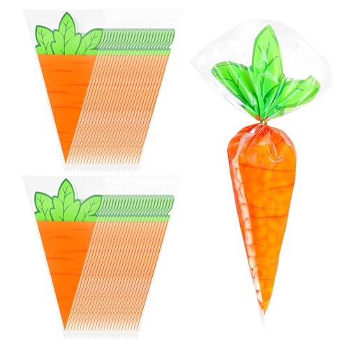 50PCS Carrot Snack bags with Ties Easter Cone Shaped Cellophane Bags for Treats Candy Popcorn Cookie Goodie Goody Gift Wrap Spring Easter Party Favors Supplies Decorations Holiday Baggies Pouch