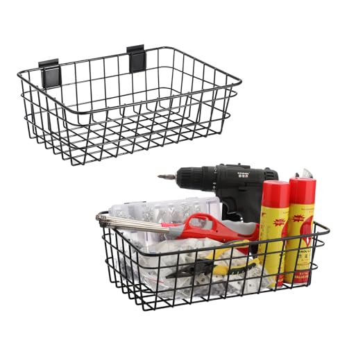 Sumnacon Slatwall Baskets, 2 Pack Metal Mesh Slatwall Basket and Bins for Slatwall Panel, Slat Wall Baskets for Storage, Sturdy Slatwall Accessories for Garage Kitchen Workshop, Black