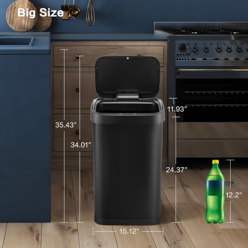 Image of 13 Gallon Trash Can, Touchless Stainless Steel Kitchen Bin (Black) | Automatic Motion Sensor Lid | 50L Fits 13 Gal Tall Kitchen Bags | Anti-Fingerprint Brushed Finish | For Home Office
