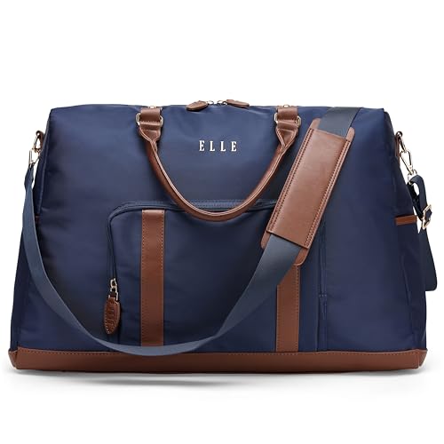 ELLE Luxe Journey 30L Twill and Vegan Leather Weekender Duffel Bag | Navy