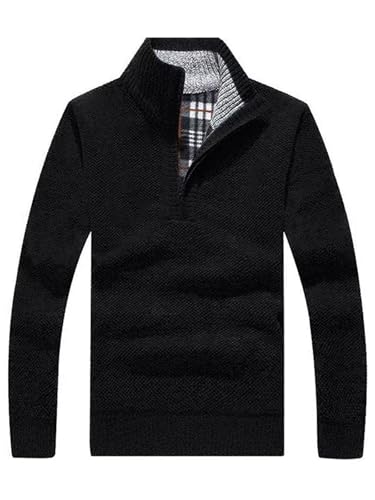 Image of Les umes Mens Quarter Zip Jumper Plaid Fleece Lined Knit Turtleneck Sweater Warm Long Sleeve Stand Collar Pullover Black M
